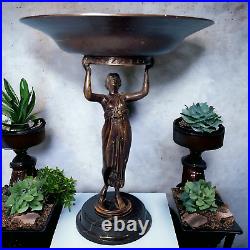 Oscar & Clothilde Brass Beautiful Woman Figure Statue Holding Basin 11.25in Tall