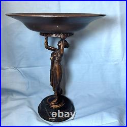 Oscar & Clothilde Brass Beautiful Woman Figure Statue Holding Basin 11.25in Tall