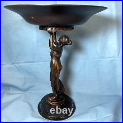 Oscar & Clothilde Brass Beautiful Woman Figure Statue Holding Basin 11.25in Tall