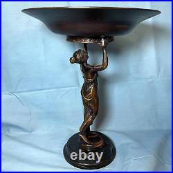 Oscar & Clothilde Brass Beautiful Woman Figure Statue Holding Basin 11.25in Tall