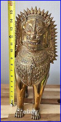 PAIR Large 16 Thai Gilt Bronze Foo Dog Brass Singha Temple Guardian Lion