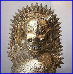 PAIR Large 16 Thai Gilt Bronze Foo Dog Brass Singha Temple Guardian Lion