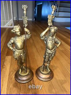 PAIR Vintage Brass / Bronze Soldier Statue Sculptures On Copper Base 17 1/2 In
