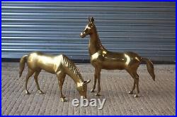 Pair of Large Vintage Solid Brass Bronze Standing Horses Ornaments Statues