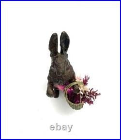Rabbit Figurine Bronze with Brass Basket and Dried Flowers Vintage Statue Decor