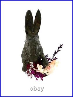 Rabbit Figurine Bronze with Brass Basket and Dried Flowers Vintage Statue Decor