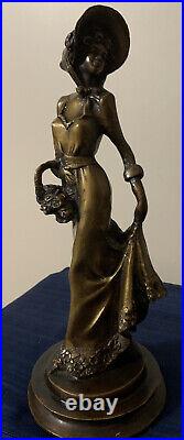 VICTORIAN LADY BRONZE BRASS STATUE FIGURE SCULPTURE Vtg Sculpture Holding Basket