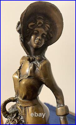 VICTORIAN LADY BRONZE BRASS STATUE FIGURE SCULPTURE Vtg Sculpture Holding Basket