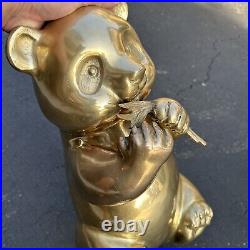 Vintage 16 Brass Cute Panda Bear Figurine Statue Eating Bamboo Gold