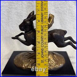Vintage Art Déco Bronze Brass Hare Frog Riding Bunny Rabbit Statue Whimsical