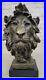 Vintage Brass Or Bronze Lion Head Bust Sculpture, Signed, Marble Base Statue Art