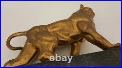 Vintage Brass Roaring Lion Statue On Metal Base USA 8 1/4 Long