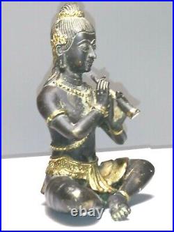 Vintage Brass bronze gilt Thai musician playing a flute. Asian art small statue