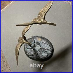 Vintage Bronze /Brass Geese In Flight Statue Sculpture (Lily Pad Base)