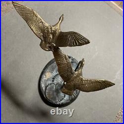 Vintage Bronze /Brass Geese In Flight Statue Sculpture (Lily Pad Base)