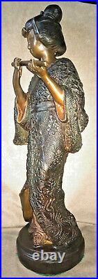 Vintage Bronze Brass Japanese Geisha Large Figurine Statue Sculpture withFlute