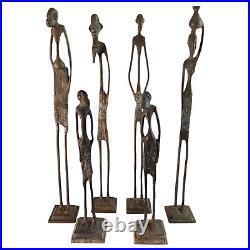 Vintage Brutalist Elongated African Tribal Brass Bronze Statues Modernist (6)