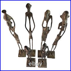 Vintage Brutalist Elongated African Tribal Brass Bronze Statues Modernist (6)