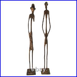Vintage Brutalist Elongated African Tribal Brass Bronze Statues Modernist (6)