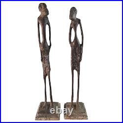 Vintage Brutalist Elongated African Tribal Brass Bronze Statues Modernist (6)