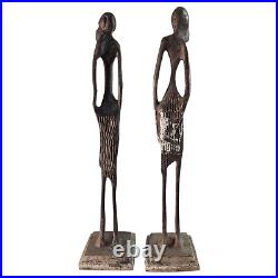 Vintage Brutalist Elongated African Tribal Brass Bronze Statues Modernist (6)