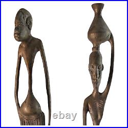 Vintage Brutalist Elongated African Tribal Brass Bronze Statues Modernist (6)