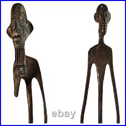 Vintage Brutalist Elongated African Tribal Brass Bronze Statues Modernist (6)