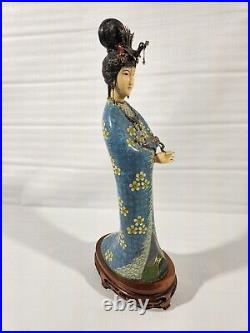Vintage Chinese Cloisonne Woman Statue Bronze Brass Enamel Lady Figure Wood Base