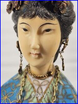 Vintage Chinese Cloisonne Woman Statue Bronze Brass Enamel Lady Figure Wood Base