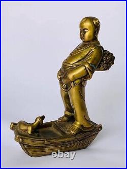 Vintage Collectible Bronze Brass Figure Heavy Statue Japanese Boy with Dog Cute