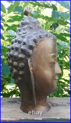 Vintage Large Bronze Finish Brass Buddha Head Bust Statue Nice Patina 11.5