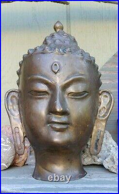 Vintage Large Bronze Finish Brass Buddha Head Bust Statue Nice Patina 11.5