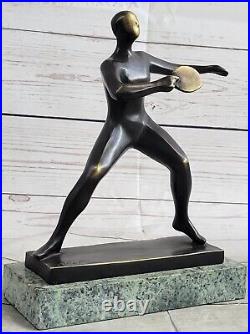 Vintage Nude Woman Playing Tennis Brass Statue Sculpture Mid Century Modern
