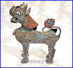 Vintage Tibetan Turquoise, Coral Bronze Foo Dog Lion Snuff Bottle Incense Burner