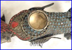 Vintage Tibetan Turquoise, Coral Bronze Foo Dog Lion Snuff Bottle Incense Burner