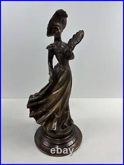 Vintage Victorian Lady Bronze Brass Statue Sculpture Holding Fan 13 High
