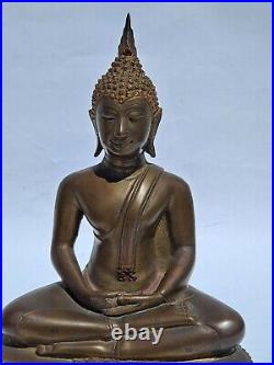 Vintage antique brass bronze finish seated Laos Thai Buddha Statue lotus pose